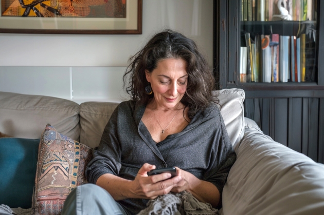 Woman on sofa using smartphone